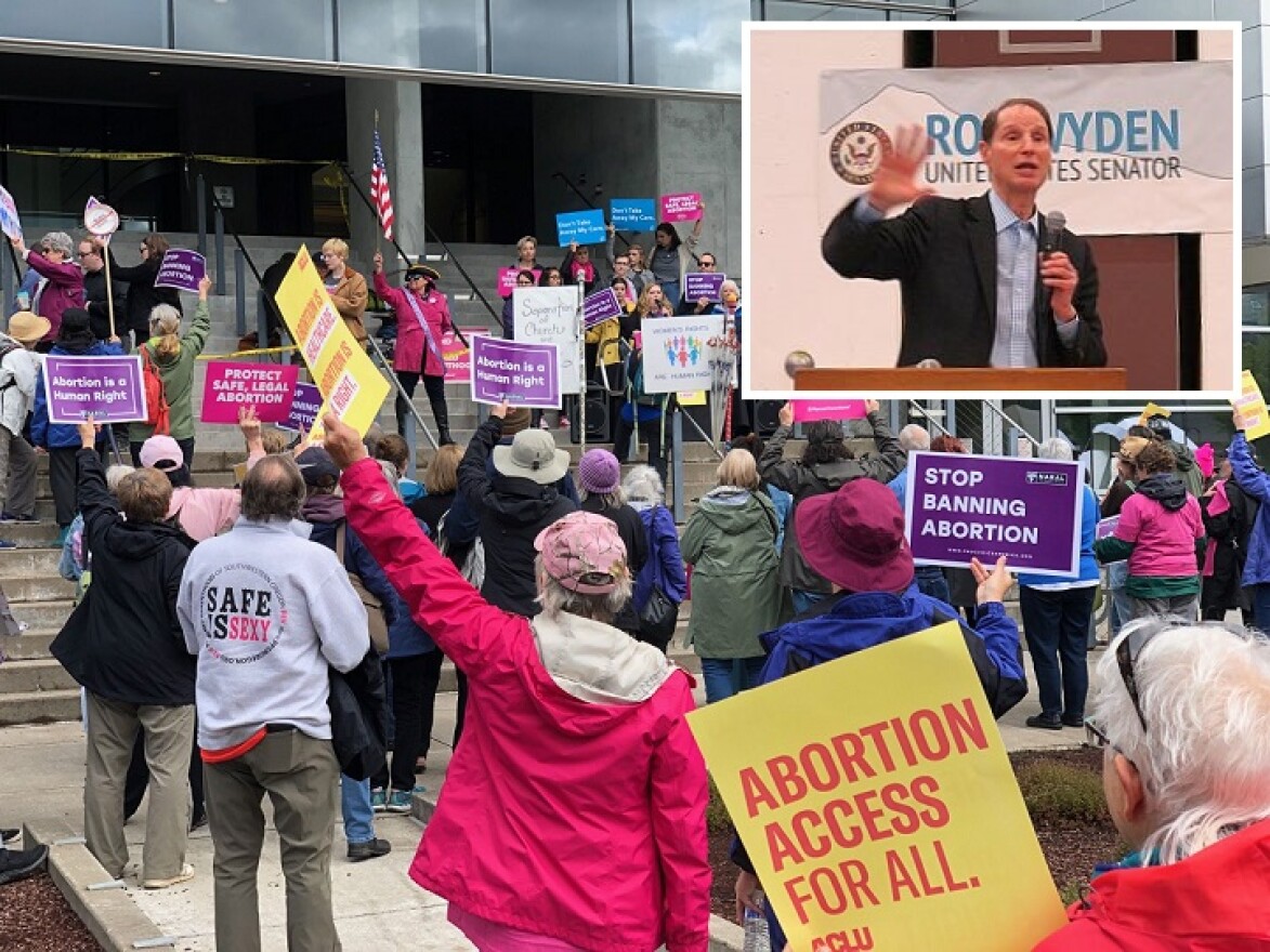 U.S. Senator Ron Wyden (inset, right) at an LCC event in 2017; abortion rights demonstrators outside Eugene's federal courthouse in May 2019. 